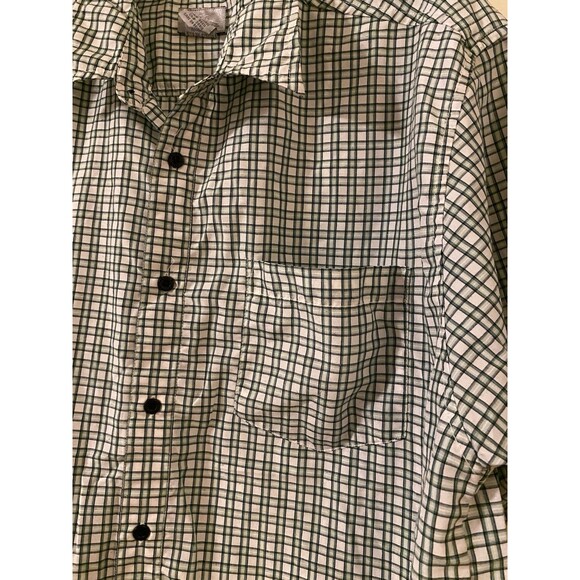 VTG No Fear Men's L Button Up Short Sleeve Front Pocket Shirt Plaid Green White - Picture 6 of 10
